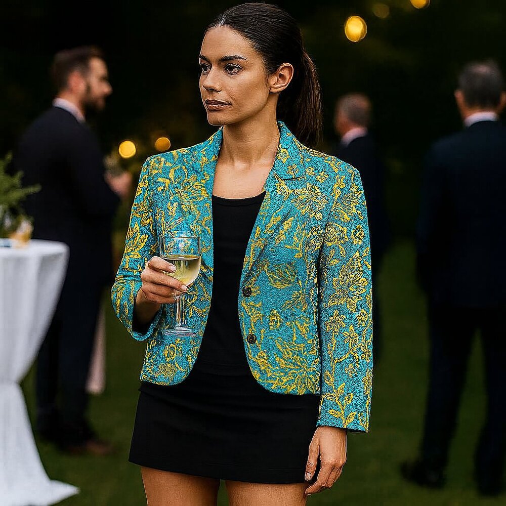 ELCC Women's VINTAGE Jacket XL Blue/Gold Floral Jacquard Baroque Tapestry